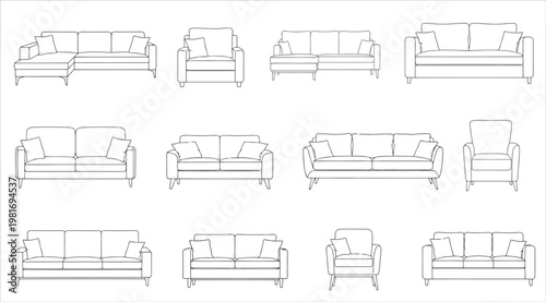 Vector illustration of various sofa and couch designs in line art style