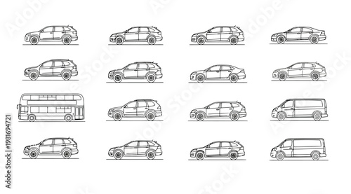 Collection of various cars and vehicles in line art style
