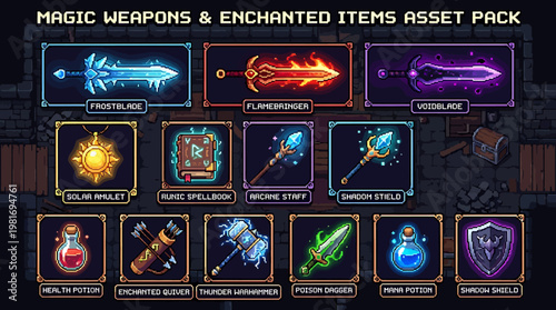 Pixel Art Fantasy Weapons and Magical Items Collection