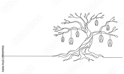 Abstract single line drawing of a family tree with portraits in lanterns.