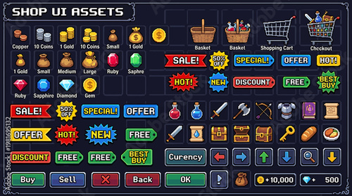 Pixel Art Shop UI Icons for Game Development and Web Design