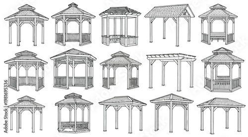 Collection of wooden gazebos and pergolas, architectural sketches