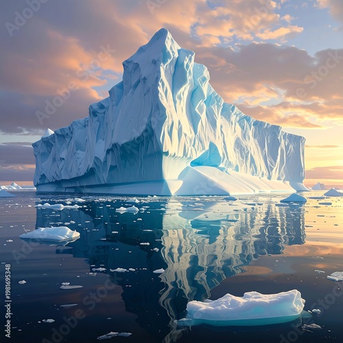 Majestic iceberg floats serenely in ocean waters under warm sunset