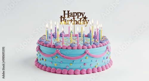 A blue birthday cake with pink icing and colorful sprinkles and candles on top