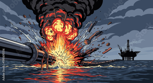 Offshore oil rig explosion, pipeline burst, industrial disaster at sea, fire and smoke
