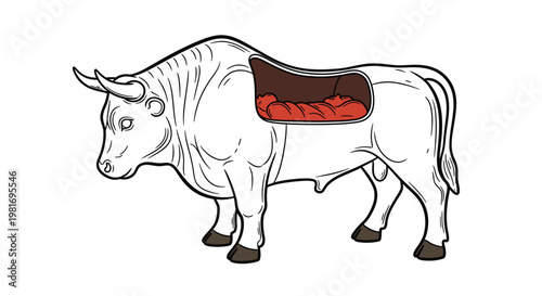 Bull Cutaway Vector Illustration Featuring Interior Meat Cuts Diagram for Culinary Education and Butcher Shop Branding Concepts