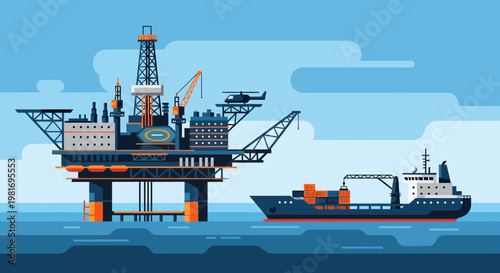 Offshore Oil Rig and Supply Ship Illustration - Industrial Sea Platform & Cargo Vessel