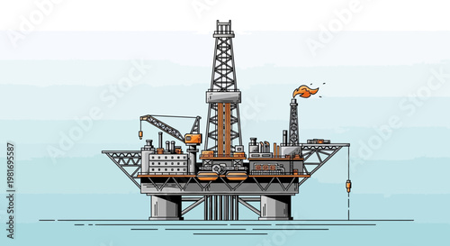 Offshore oil rig platform in the ocean, industrial complex, energy production, drilling operation