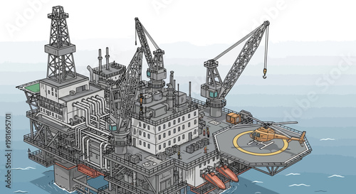 Offshore Oil Rig Platform with Helicopter Landing Pad and Cranes in Ocean