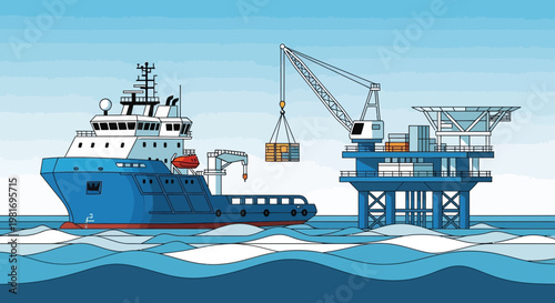 Offshore Platform Crane Lifting Cargo from Supply Ship in Blue Ocean