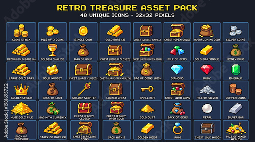 Pixel Art Treasure Icons for Retro Game Asset Collection