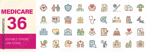 A Diverse Collection of 36 Medicare and Healthcare Editable Stroke Line Icons Representing Various Medical Services and Concepts