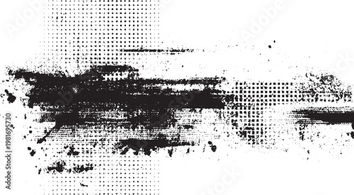 Modern black and white dotted grunge background. Curved dot waves with distressed texture design. 