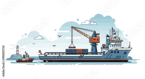 Cargo Ship Loading Containers with Tugboat and Lighthouse in Flat Design