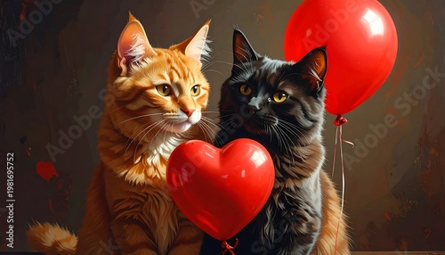 Two cats with heart and balloon