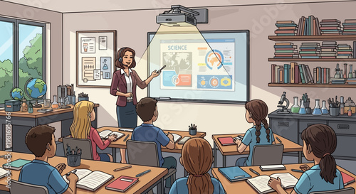 Modern Classroom Science Lesson with Interactive Whiteboard and Engaged Students
