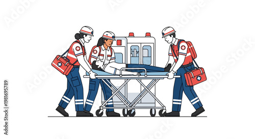 Paramedics carrying patient on stretcher, emergency medical services concept, illustration