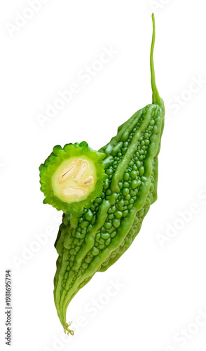 Photos Side view of green bitter gourd or bitter melon with slice in circle shape isola