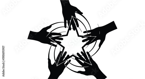 Hands reaching together to form a star shape in a circular arrangement symbolizes unity, collaborative teamwork, diverse partnership, and collective strength within an organizational culture.