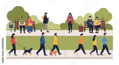 Diverse people enjoying a sunny day in a park, walking, jogging, and relaxing