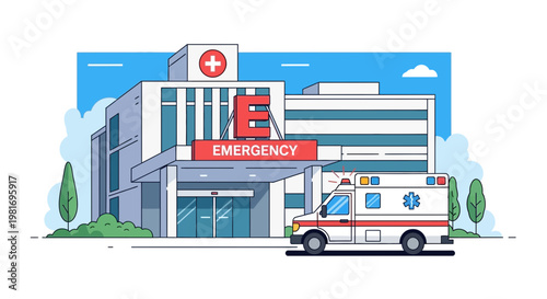 Modern Hospital Building with Ambulance Arriving at Emergency Entrance