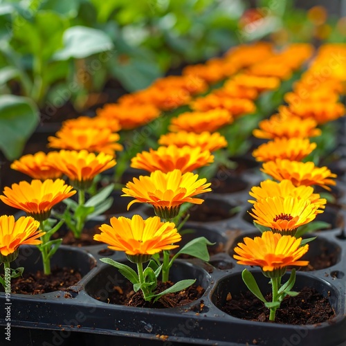 Vibrant orange flowers in a black seed tray
