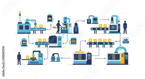 Automated Factory Production Line: Robotics, Conveyors, and Workers in Modern Manufacturing