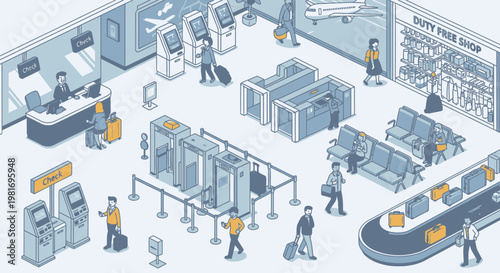Isometric airport terminal interior with passengers, security check, check-in counters, and baggage.