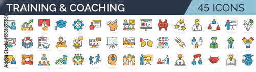 A comprehensive set of training and coaching icons representing professional development, skill enhancement, and strategic guidance for business growth