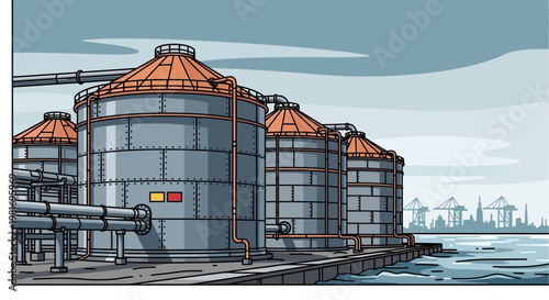 Industrial Storage Tanks on Waterfront, Oil and Gas Industry, Petrochemical Plant