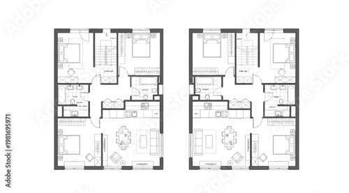 Architectural floor plan layout for two residential units