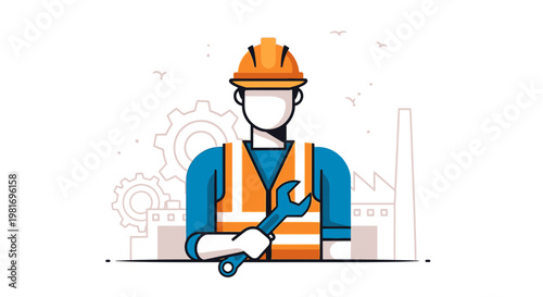 Construction worker holding wrench with factory and gears background, industrial concept illustration