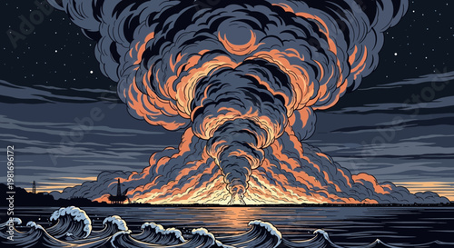 Massive fiery explosion erupts from ocean surface at night, mushroom cloud, dramatic sky, waves.