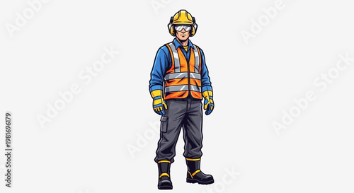 Construction worker in safety gear, hard hat, vest, and goggles, standing isolated on white background