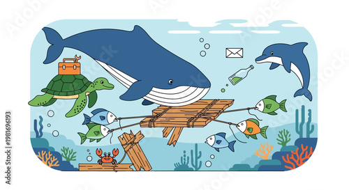 Whimsical Underwater Scene: Whale, Dolphin, Turtle, Fish Delivering Message