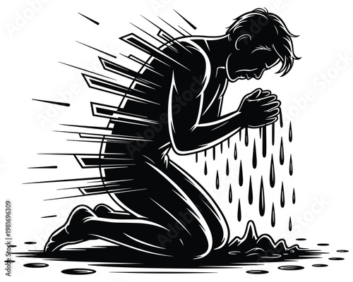 Man praying on knees with abstract motion effects.