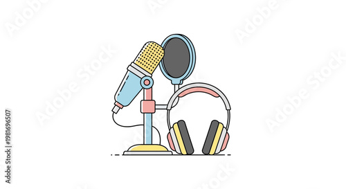 Illustration of a vintage microphone with modern headphones symbolizing audio recording and broadcasting.