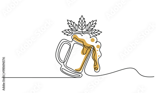 Single line drawing of a frothy beer mug with hop leaves on top.