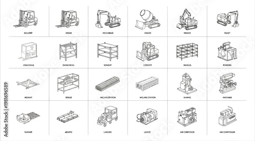 Set of industrial machinery and construction equipment icons