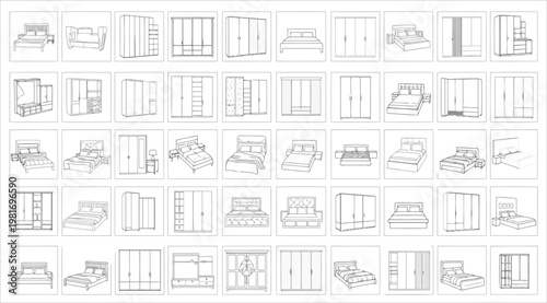 Collection of bedroom furniture icons including beds and wardrobes