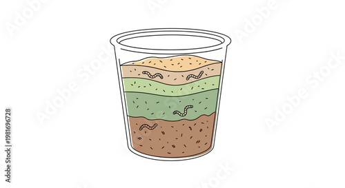 Illustration of a layered dessert in a transparent cup with chocolate, green, and cream layers topped with crumbs.