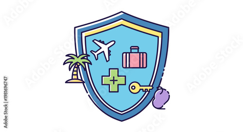 Travel insurance concept with shield, airplane, suitcase, palm tree, medical cross, key, and seashell icons.