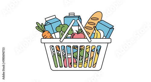 Shopping basket filled with various grocery items including bread, milk, vegetables, and fruits.