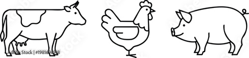 Farm Animals and Livestock Line Icon Vector Set