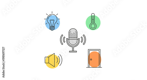 Conceptual illustration of podcasting and audio technology with icons.