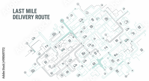 Abstract digital illustration of a last mile delivery route with connected nodes and pathways.