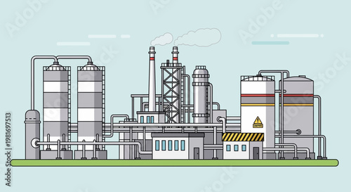 Modern industrial complex with storage tanks and pipelines, factory exterior, flat design
