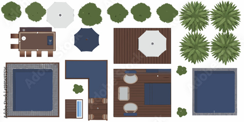 Aerial view of outdoor furniture and pool elements in a flat design