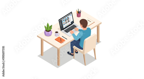 Man Working on Laptop at Desk, Isometric View, Home Office Setup, Freelancer Lifestyle