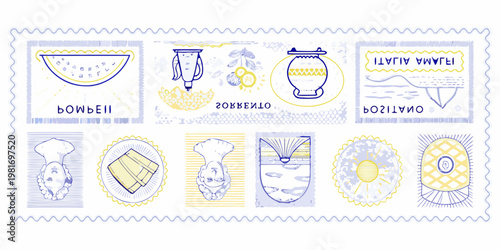 Collection of illustrated postage stamps featuring fruit vessels and patterns